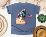 Rocket With American Flag graphic tee in Blue Jean