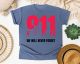 We Will Never Forget White 2 graphic tee in Blue Jean