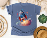 Rocket Launch With Stars graphic tee in Blue Jean