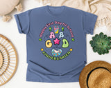 Happy First Day Of School Kindergarten graphic tee in Blue Jean