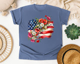 Floral American Flag Grey 2 graphic tee in Blue Jean