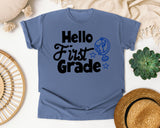 Hello First Grade Globe graphic tee in Blue Jean