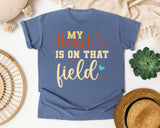 My Heart Is On That Field Gold graphic tee in Blue Jean