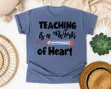 Teaching Is A Work Of Heart Pencil graphic tee in Blue Jean