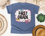 First Grade Scallop Bow graphic tee in Blue Jean