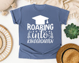 Roaring Into Kindergarten White 2 graphic tee in Blue Jean