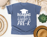 Roaring Into Pre-K White graphic tee in Blue Jean