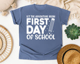First Day Of School Let The Adventure Begin White 2 3 graphic tee in Blue Jean