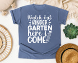 Watch Out Kindergarten Here I Come White 2 graphic tee in Blue Jean