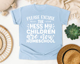 Please Excuse The Mess My Children Are Now Homeschool graphic tee in Chambray