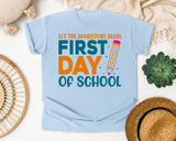 First Day Of School Let The Adventure Begin White graphic tee in Chambray