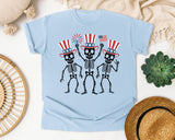 Three Dancing Patriotic Skeletons graphic tee in Chambray