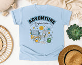 Adventure Begins Here Doodle graphic tee in Chambray