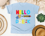 Hello Pre-K Pencil graphic tee in Chambray