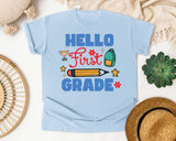 Hello First Grade Trophy graphic tee in Chambray