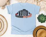 Patriotic Camera Strap graphic tee in Chambray