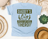 Daddy's Boy Is Here To Pick Up His Hero Brown graphic tee in Chambray