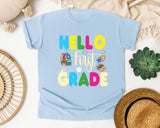 Hello First Grade Sneakers graphic tee in Chambray
