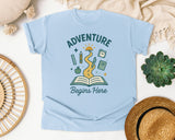 Adventure Begins Here Book graphic tee in Chambray