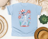 Patriotic Skeleton Fireworks Pink 3 graphic tee in Chambray
