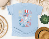 Patriotic Skeleton Fireworks Pink 4 graphic tee in Chambray