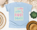 Hello First Grade Stripes graphic tee in Chambray