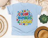 Colors Numbers And Laughs graphic tee in Chambray