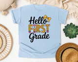 Hello First Grade Bow graphic tee in Chambray