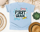 First Grade Notebook Bow graphic tee in Chambray