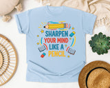 Sharpen Your Mind Like A Pencil graphic tee in Chambray