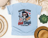 Serving Looks And Hot Dogs graphic tee in Chambray