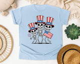 Patriotic Skeleton Trio Grey 2 graphic tee in Chambray