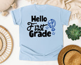Hello First Grade Globe graphic tee in Chambray
