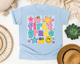 First Grade Crayons Smiley graphic tee in Chambray
