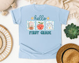 Hello First Grade Frames graphic tee in Chambray