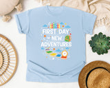 First Day Equals New Adventures Light Print Graphic Tee graphic tee in Chambray