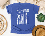 BBQ Tools American Flag White graphic tee in Flo Blue
