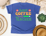 Half Coffee Half Teacher graphic tee in Flo Blue