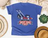 Best Dad Lawn Mower graphic tee in Flo Blue