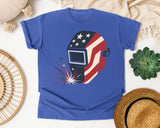 Patriotic Welding Helmet graphic tee in Flo Blue