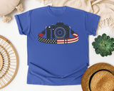 Patriotic Camera Strap graphic tee in Flo Blue