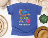 Books Snacks Repeat Homeschool Life graphic tee in Flo Blue