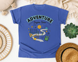 Adventure Begins Here Doodle graphic tee in Flo Blue