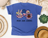 Peace Love America Grey graphic tee in Flo Blue