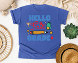 Hello First Grade Trophy graphic tee in Flo Blue