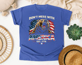 Don't Mess With America Est 1776 graphic tee in Flo Blue