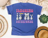 Teaching Is My Superpower Retro graphic tee in Flo Blue