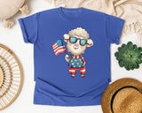 Sheep Holding American Flag graphic tee in Flo Blue