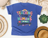 Teaching Tiny Humans Is My Superpower graphic tee in Flo Blue