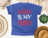 Daddy Is My Hero Pink graphic tee in Flo Blue